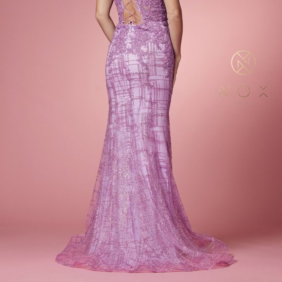 LILAC GLITTERY DEEP V-NECK BODICE WITH FLOOR LENGTH TRUMPET SKIRT DRESS NX282 - Picture 5 of 6